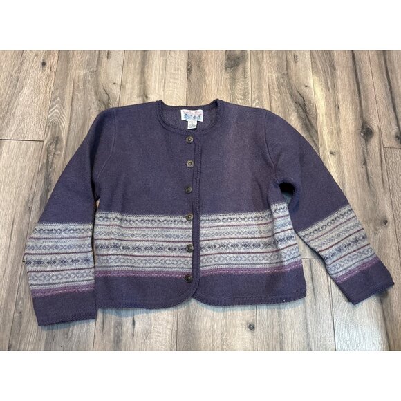 Tally-Ho Womens Wool Sweater Cardigan PL Purple Fair Isle Pattern Purple Gray - Picture 1 of 7
